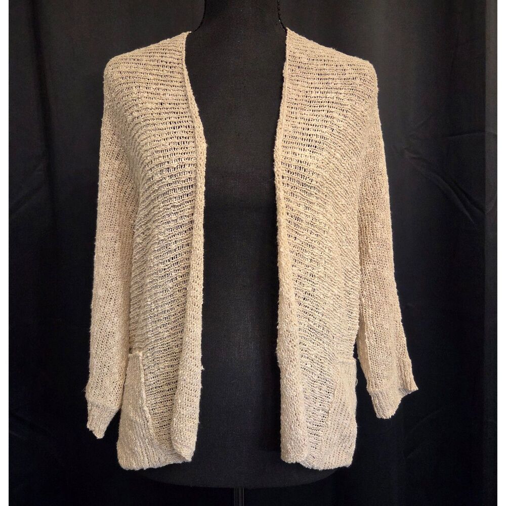 Eileen Fisher Cotton Open Knit Cardigan Sweater Beige Italian Yard, PM